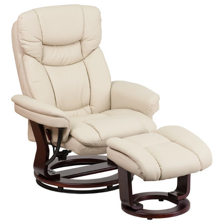 Contemporary Leather Recliner And Ottoman Set, Beige, Beige