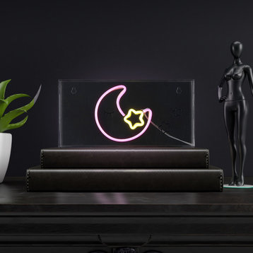 Moon 11.8" Contemporary Acrylic Box USB Operated LED Neon Light, Pink/Yellow
