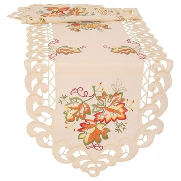 Thankful Leaf Embroidered Cutwork Fall Table Runner, Ivory, 15''x54''
