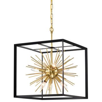 Jahanna 6-Light Antique Gold Sputnik Chandelier with Black Boxed Cage Midcentury