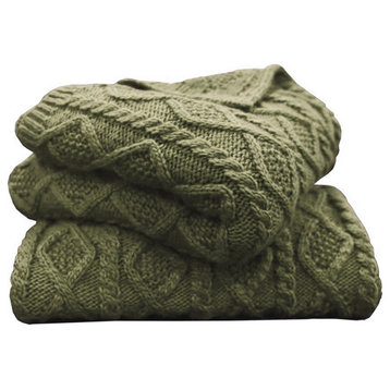 Cable Knit Soft Wool Throw Blanket, 50"x60", Sage Green, 1 Piece