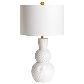 Elegant Stacked Spheres White Ceramic Table Lamp Carved Lines Zig Zag Gourd Gold