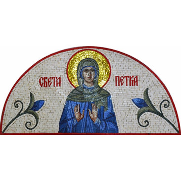 Virgin Mary Arched Shaped Marble Religious Mosaic, 24"x47"