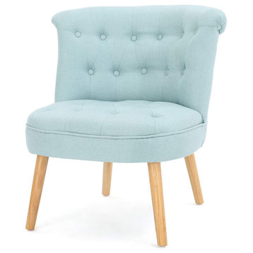 Mid Century Modern Accent Chair, Natural Legs & Tufted Curved Back, Light Blue