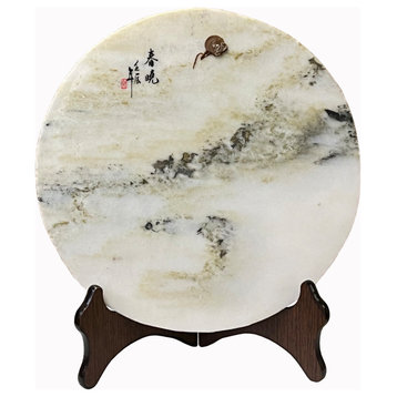 Chinese Natural Dream Stone Round White Fengshui Plaque Display Hws2260