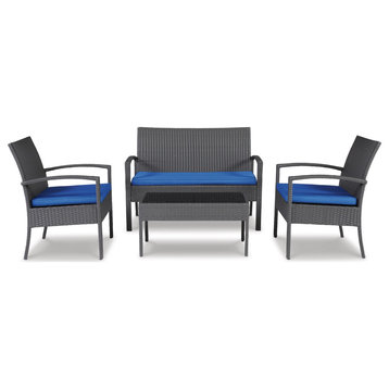 4-Piece Outdoor Loveseat, Table, Chairs Set, Glass Top, Resin Wicker, Blue