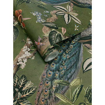 Climbing Peacock & Climbing Florals Printed Tropical Wallpaper 57 Sq. Ft., Green, Double Roll