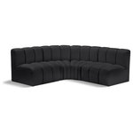 Meridian Furniture - Arc Vegan Leather Upholstered 4-Pc. L-Shaped Modular Sectional, Black - Unleash modern opulence with the Arc Vegan Leather 4pc. Sectional. Crafted for the modern connoisseur, this Sectional injects an air of refined luxury into any space. Its sleek silhouette, upholstered in supple black vegan leather, exudes timeless sophistication while the deep channel tufting adds textural intrigue, further elevating the chair's visual appeal. The modular design makes it a versatile chameleon, effortlessly adapting to your evolving needs and preferences. Whether you envision it gracing a chic living room corner, basking in the glow of a bedroom window, or adding a touch of drama to a home office, the Arc seamlessly complements your unique interior aesthetic.