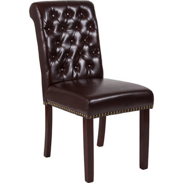 HERCULES Series Brown Leather Parsons Chair With Rolled Back, Accent Nail Trim