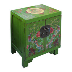 Chinese Oriental Distressed Green Flower Birds End Table Nightstand - Side Tables And End Tables