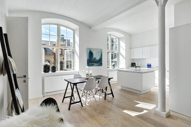Inspiration for a mid-sized scandinavian dining room in Copenhagen with white walls, light hardwood floors and beige floor.