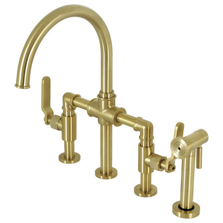 KS2337KL Industrial Style Bridge Kitchen Faucet and Brass Sprayer, Brushed Brass