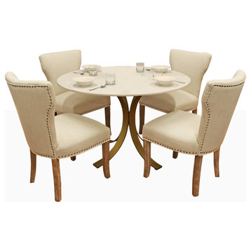 Haskell Dining Set With 48" Round Marble Top Table & 4 Ivory Linen Chairs