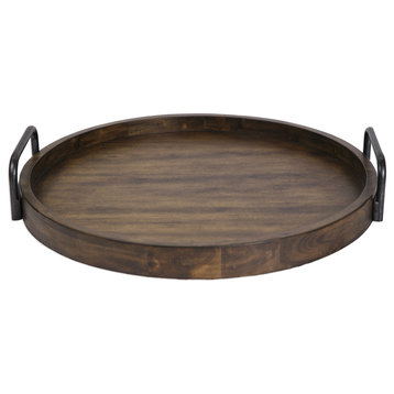 Midcentury Modern Round Wood Serving Tray, Decorative Dark Classic