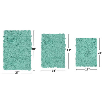 Bell Flower Collection 100% Cotton Tufted Bath Rugs, 3 Piece Set, Turquoise