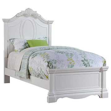 Benzara BM196880 Wooden Full Size Bed with Crown Carved Headboard, White