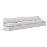 Meridian Furniture - Indulge Upholstered Modular Sofa, Cream, 4-Piece: 4 Armless Chair, Down Stuffed Velvet - Experience ultimate comfort and style with our cream velvet Indulge Sofa. The luxurious velvet will elevate the aesthetic of any room. This sofa provides ample space for you to relax while its modular build offers the option of unlimited configurations. Whether you're looking to add a stylish element to your living room or a comfortable seating option to your bedroom, this sofa is the perfect choice.