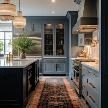 Smokey Blue Kitchen Design: Cabinets, Countertops, Hardware, Lighting, Flooring