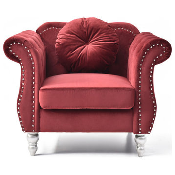 Hollywood Burgundy Chesterfield Velvet Accent Chair With Round Throw Pillow