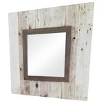 My Barnwood Frames - Reclaimed Slat Mirror With Whitewashed Boards, 34"x34" - This white washed square mirror is a favorite!  It resembles the Barn wood slat mirror, however we have added a white washed look using reclaimed wood and is complimented with a darker inner trim. This rustic white washed mirror also some depth to the frame as edge boards have been added to the back of the frame to create that boxed look; this adds depth and dimension to the frame which also adds a lot of character. This a perfect conversation piece for your home. Color of boards will vary slightly. This mirror can be hung in either direction. Size of "mirror portion" on the 34X34 is: 17X17; and on the 30X30 it is: 15X15. Color: Reclaimed wood with white white wash dark inner trim. Product Includes: Mirror, Frame, D-ring hanging hardware. Materials Used: Alder wood, reclaimed barnwood, mirror. Used for: Hall or Bathroom Vanity Mirror, Mantle - Rustic Decor. Made in: USA. Frame Style: Barn wood white washed Slat Mirror