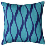 Kashmir Designs - Contemporary Waves Aqua Turquoise Decorative Pillow Cover Wool 18x18" - Kashmir is proud to bring together the modern abstract vector design pillow collection, hand embroidered by the finest artisans of Kashmir, into the living spaces of patrons and connoisseurs’ all around the world. These unique, seamless and modern pillows would bring together the artistic elements of any room, creating a harmonious design and perfect air of sophistication.