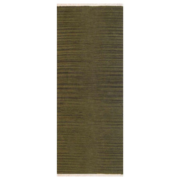 Rugsotic Carpets Hand Woven Flat Weave Kilim Wool Area Rug Solid Olive, [Runner] 3'x13'
