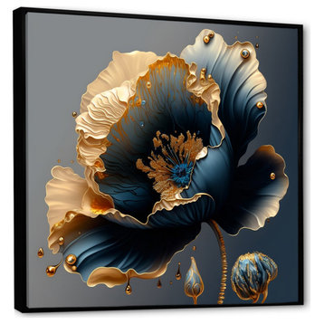 Deep Blue And Gold Single Flower IV Framed Canvas, 16x16, Black