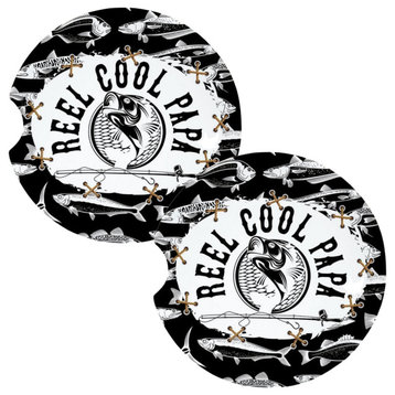 Reel Cool Papa Fishing Black and White Coasters for Car Cup Holders Set of 2