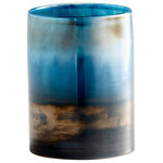 Cyan Design - Reina Vase - Multi-dimensional, this modern glass vase features a striking pyrite finish that blends hues of blue and gold. Beautiful displayed anywhere in the home, the vase features a hurricane silhouette, easily creating a home for blooms fresh from the garden. Display independently to equally striking effect.