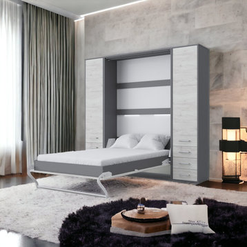 INVENTO Vertical Wall Bed With 2 Cabinets, Slate Grey/White Monaco, With Mattress 63 X 78.7 Inch
