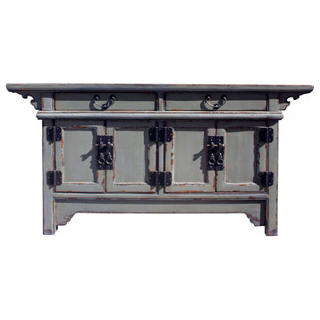 Chinese Distressed Gray Lacquer Low Sideboard Console Table Cabinet Hcs5899