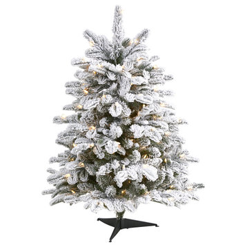 3' Flocked North Carolina Fir Faux Xmas Tree W/150 Lights & Bendable Branches