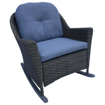 34" Gray Resin Wicker Deep Seated Rocker Chair With Blue Cushions