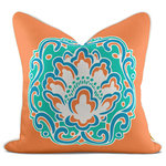JOYOSOPHY - Medallion Blossom Orange Pillow Case - This fabulous peony motif is sure to grab attention in any room setting. Finished with small trellis design on the back gives this pillow more ways to mix and match for different settings. With many color combination to choose from, you will find a perfect piece that works with your desired color theme.  This 22" square pillow case has hidden zipper closure. Finished with 1/4" cord edge piping gives it a tailor look!