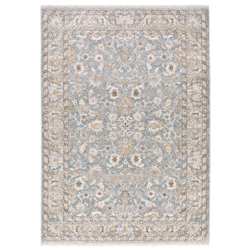 Madan Framed Traditional Floral Fringed Rug, Blue and  Ivory, 9'10"x12'10"