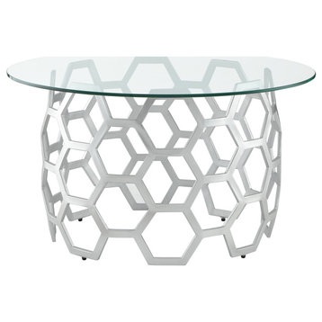 Inspired Home Lulu Coffee Table, Round Clear-Glass Top/Geometric Frame, Silver