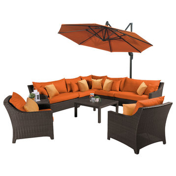Deco 9 Piece Sunbrella Outdoor Sectional and Club Set with Umbrella , Tikka Orange