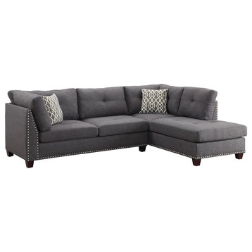 Laurissa Sectional Sofa With 2 Pillows and Ottoman, Light Charcoal Linen
