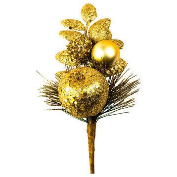 11" Gold Glittered Christmas Pick With Apple & Ball