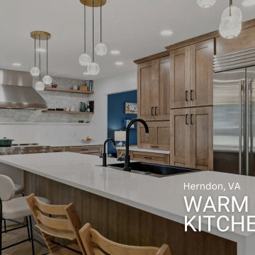 Warm Cherry Kitchen and Powder Room Remodel with Waterfall Island in Herndon, VA