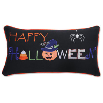 Indoor Happy Halloween Black Rectangular Throw Pillow Cover