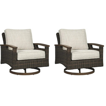 Set of 2 Swiveling Lounge Chair, Wicker Cover Comfortable Beige Cushioned Seat