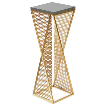 Elita Wood and Metal Pedestal End Table, Gray/Satin Gold 10x10x30