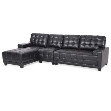 Littell Faux Leather Tufted 4 Seater Sofa, Chaise Sectional Set, Midnight/Brown