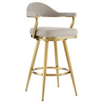 Armen Living - Justin 26" Swivel Counter Stool, Gold Brushed Stainless Steel and Taupe Fabric - Add a dose of polish and elegance to your home with the Justin Swivel Upholstered Counter or Bar Height Stool with a Metal frame by Armen Living. Stylish and beautifully minimalistic, our barstool is set to make an eye-catching statement in any space. Its floating and beautifully contoured backrest offers contemporary drama. The modern open back offers a design that flows seamlessly into the arms, as if giving you and your guests a soft hug. The Justin barstool is generously padded with high-density foam to ensure a comfy stay. Our barstool is upholstered in performance fabric or high-quality faux leather to offer lasting style and comfort. Perched upon round and tapered metal legs that include floor protectors, this stool makes a sophisticated impact anywhere from your kitchen to your home office. It remains a chic and elegant fit for your kitchen island, pub table, home bar, or adjustable desk. The stool includes a built-in circular footrest to offer a comfortable sitting experience. Its smooth 360-degree swivel function allows for maximum mobility, enabling you to change directions and follow conversations with ease. The Justin Swivel Counter or Bar Height Stool comes in several different finishes, colors, and textile combinations to make a sleek and fashion-forward statement in any home. Choose whichever design suits your space, and enjoy this minimal assembly barstool that is sure to stand out!