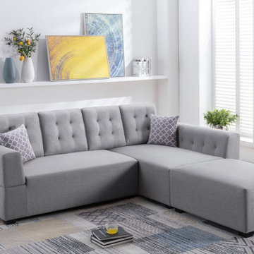 Ordell 92" Linen Sectional Sofa with Right Facing Chaise Ottoman and Pillows
