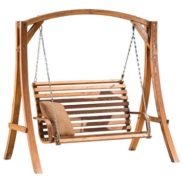 Classic Porch Swing, Hardwood, Slatted Loveseat With Curved Arms, Teak Stained