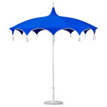 California Umbrella - 8.5' Sunbrella Playa Patio Umbrella With Tassels, Pacific Blue - Sweeping curves highlight the chic canopy of the Playa umbrella, immediately identifying this piece as the refined centerpiece of your patio to earn praise and admiration from all who see it. Beautiful tassels mark where one elegant arch ends and another begins, enhancing the stylish appearance of this umbrella while further accentuating the discerning style that defines both your personality and your sophisticated outdoor space.