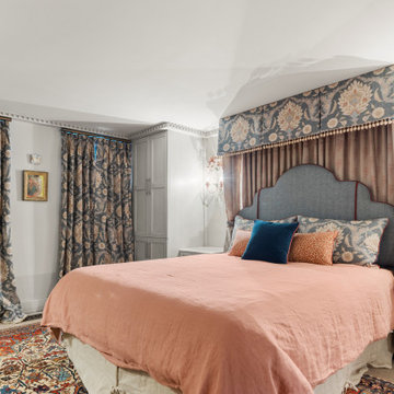 New England farmhouse master bedroom and bath
