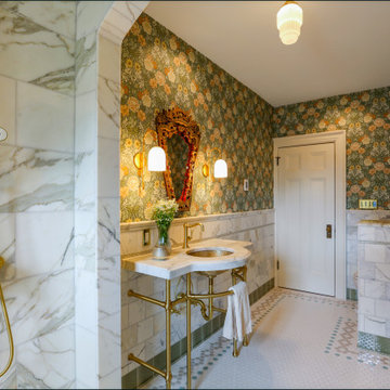 Bathroom with Wainscot and Wallpaper